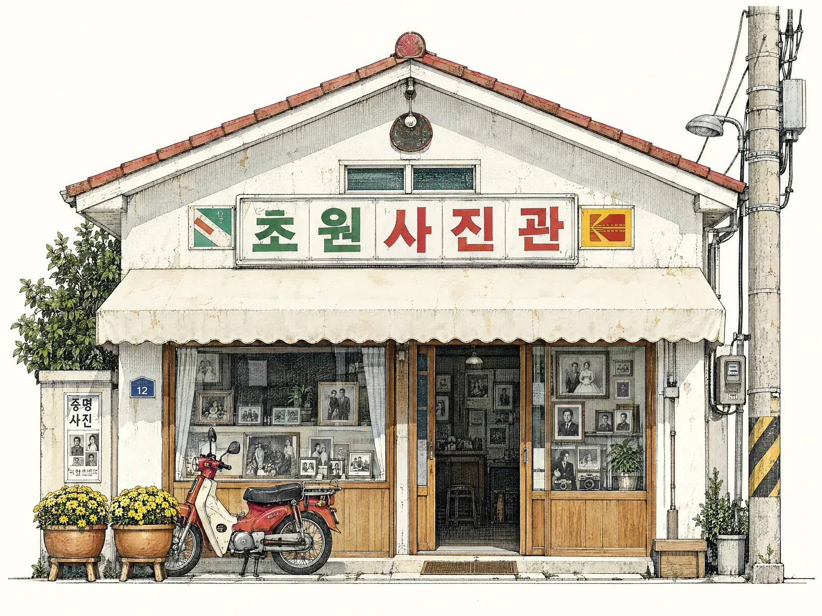 초원사진관 정면 그림: 흰 벽에 초록과 빨강 간판, 흰 차양과 사진이 걸린 진열창, 빨간 오토바이