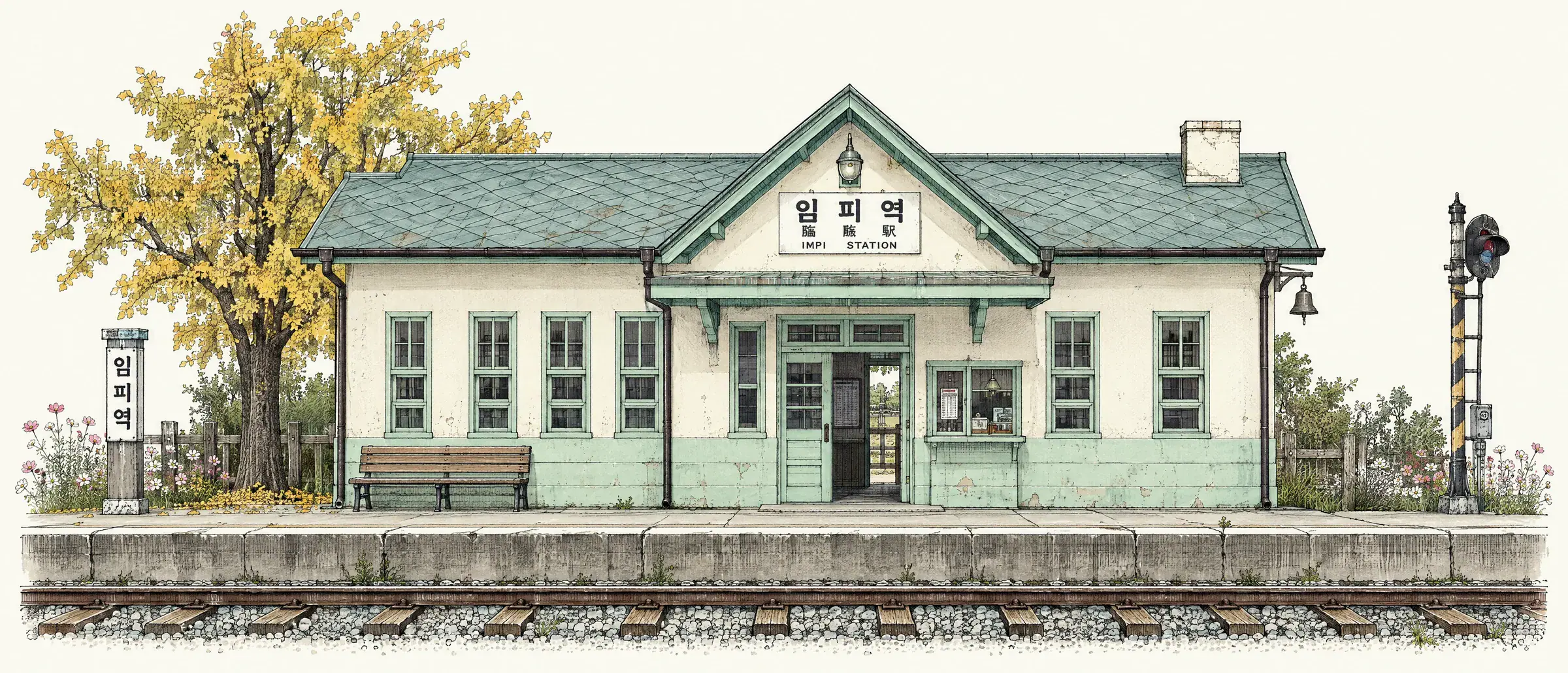 임피역 그림: 청록 지붕의 작은 간이역과 노랗게 물든 은행나무, 승강장과 선로