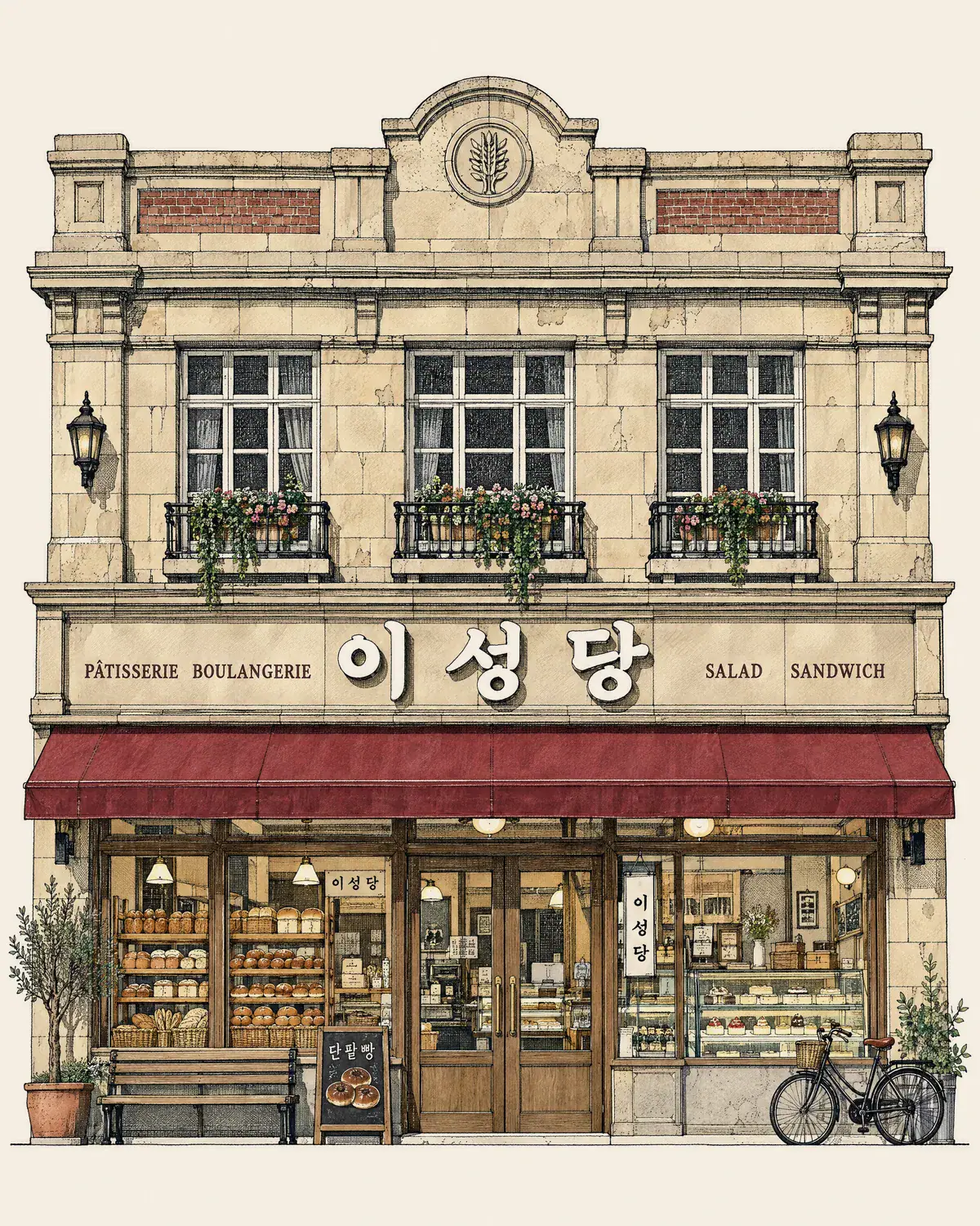 이성당 빵집 정면 그림: 베이지 석조 2층 건물과 와인색 차양, 빵이 놓인 진열장