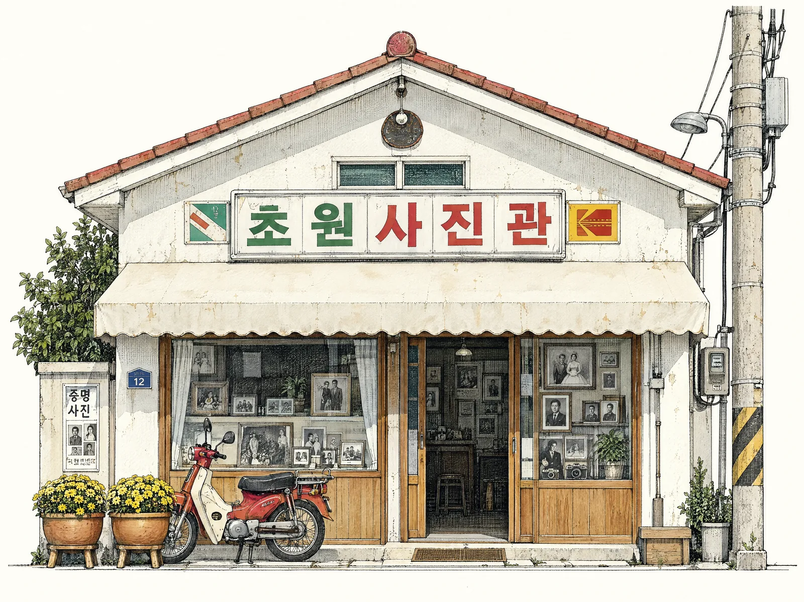 초원사진관 정면 그림: 흰 벽에 초록과 빨강 간판, 흰 차양과 사진이 걸린 진열창, 빨간 오토바이