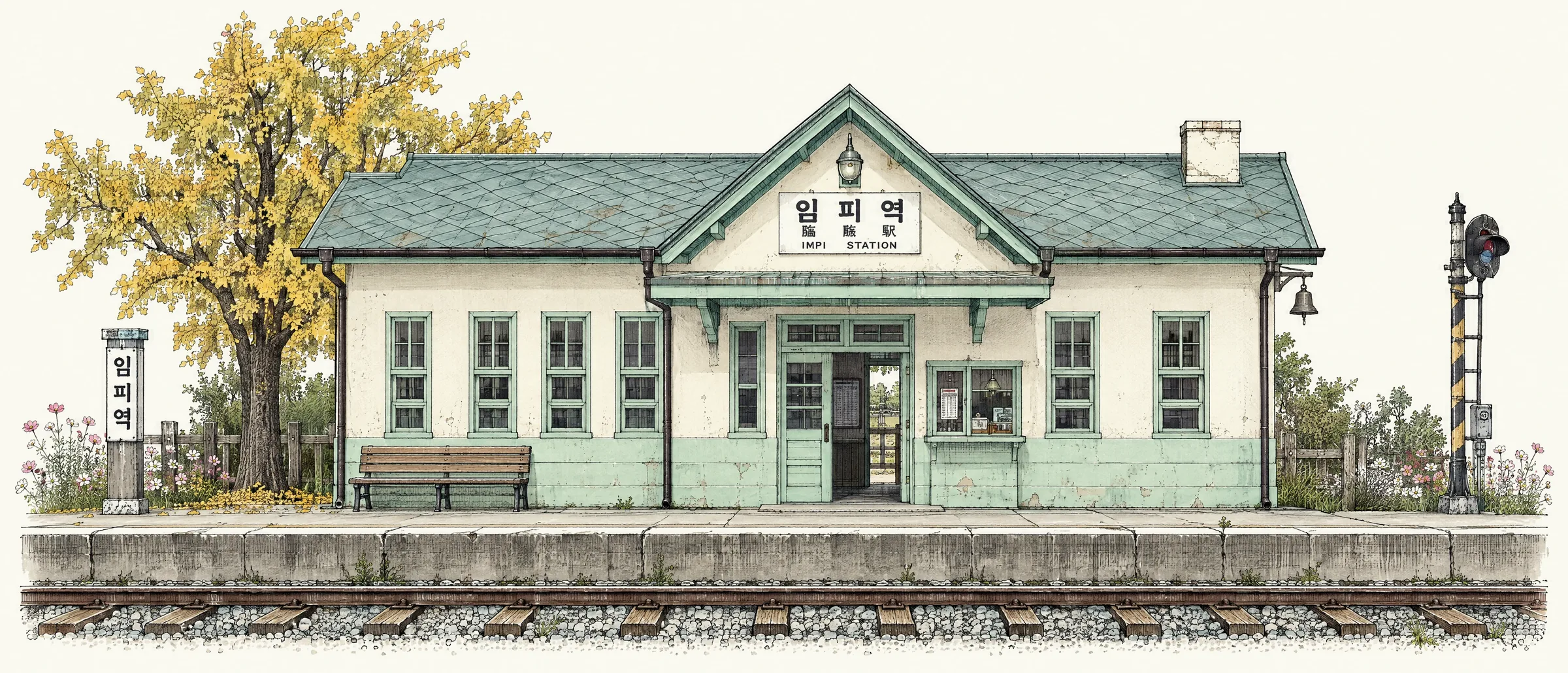 임피역 그림: 청록 지붕의 작은 간이역과 노랗게 물든 은행나무, 승강장과 선로